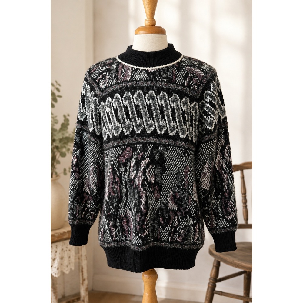 Vintage 80s Abstract Wool Blend Grandpa Art Knit Sweater Made in USA Size L 
 L